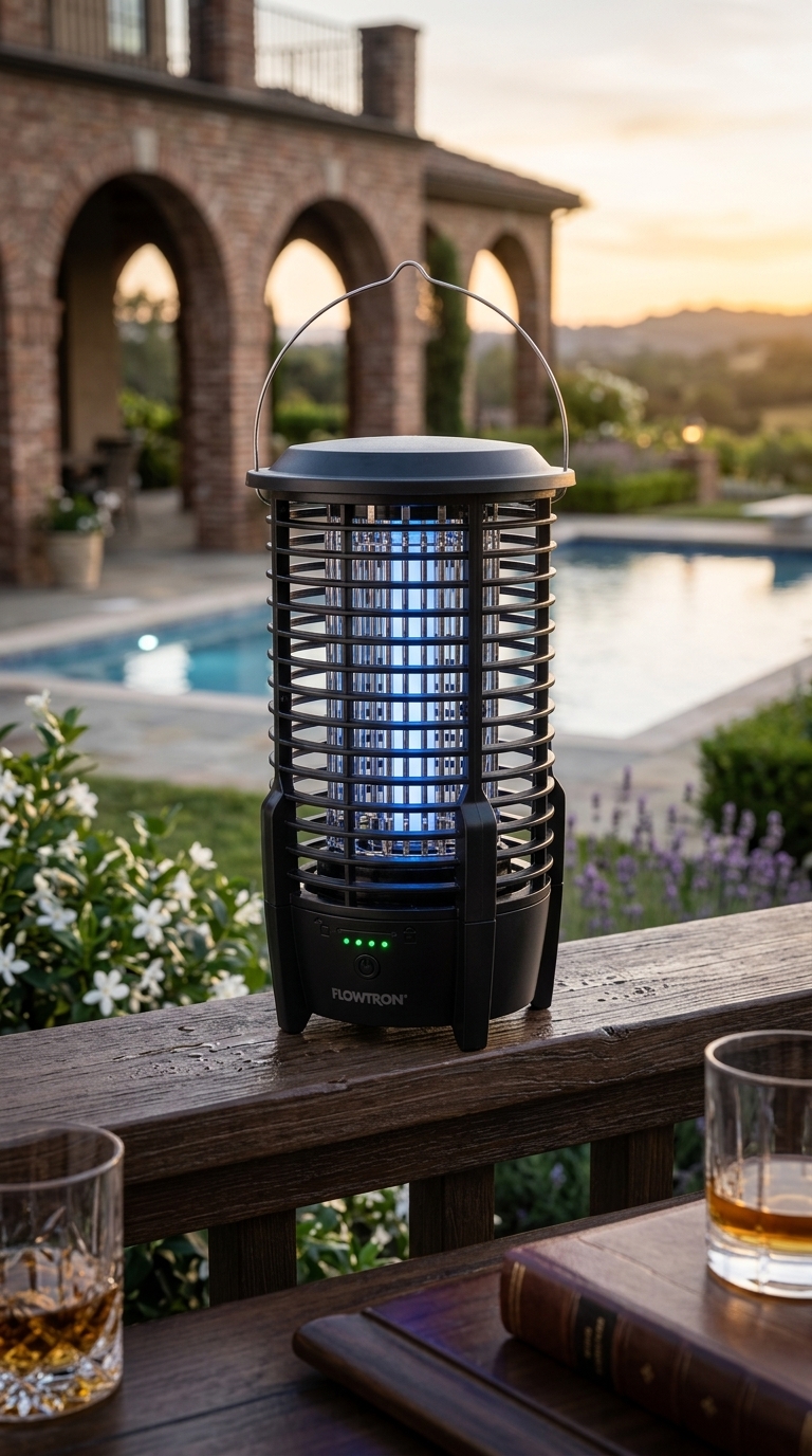 Happy customer using Cole Cleaning Care Bug Zapper Light outdoors on a patio at dusk